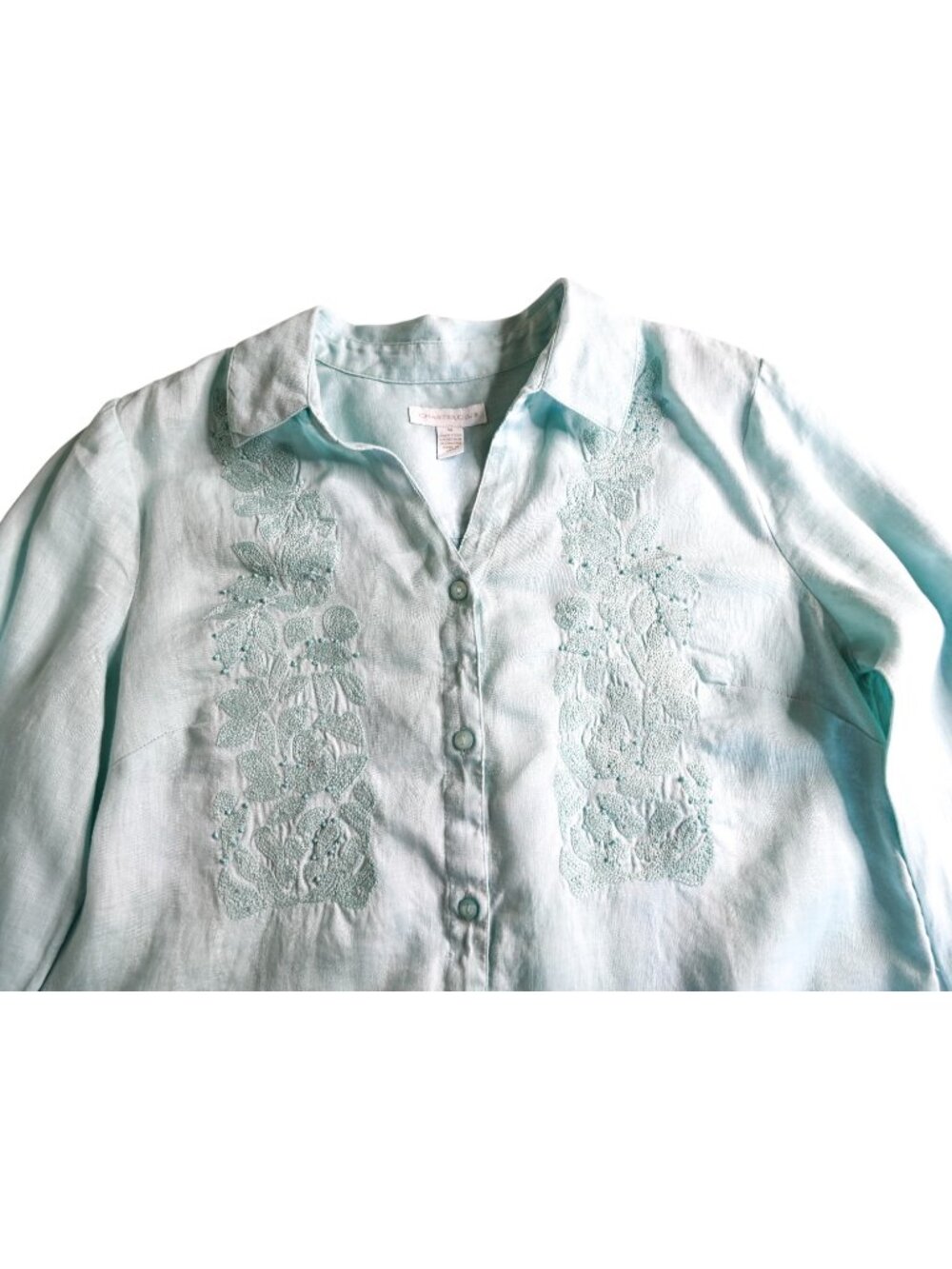 CHARTER CLUB Mint Green Embroidered Button Down Long Sleeve Blouse - Size Medium - Picture 7 of 9